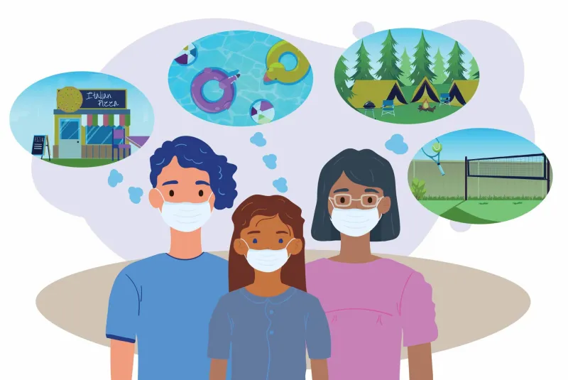 Illustration: Adult male, child, and adult female wear medical-grade masks, with various outdoor scenes behind them