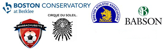 Logos for Boston Conservatory at Berklee, Massachusetts Youth Soccer, Cirque du Soleil, Boston Athletic Association, Babson College