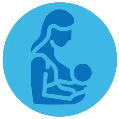 Illustration of a mother holding a child to her breast, mimicking breastfeeding, inside a circle