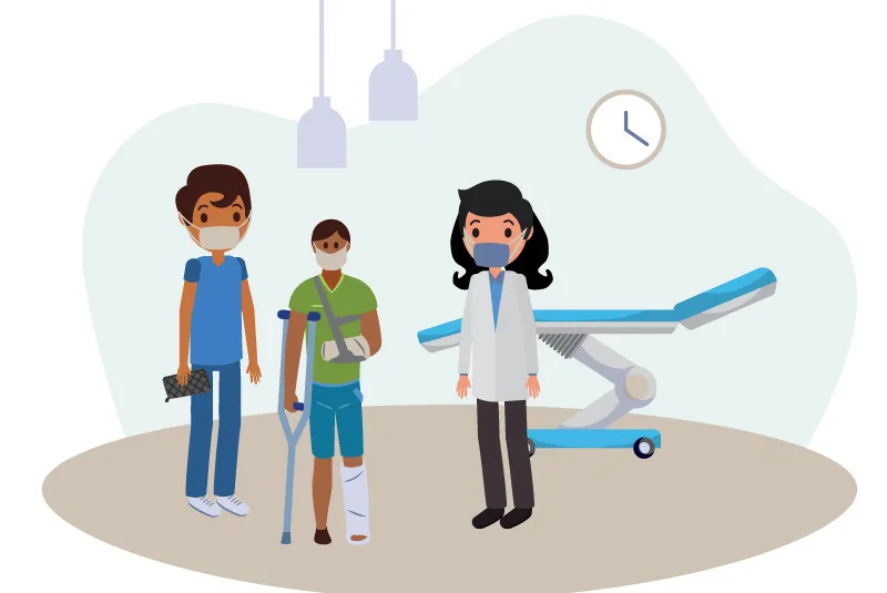 Illustration: A physician talks with an injured child and their parent in an emergency room.