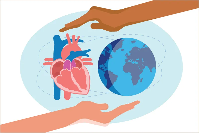 Graphic: Hands surround images of the planet and a heart